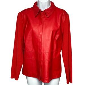 Nygard Red Genuine Leather Stretch Knit Sleeve Date Night Moto Jacket Womens L